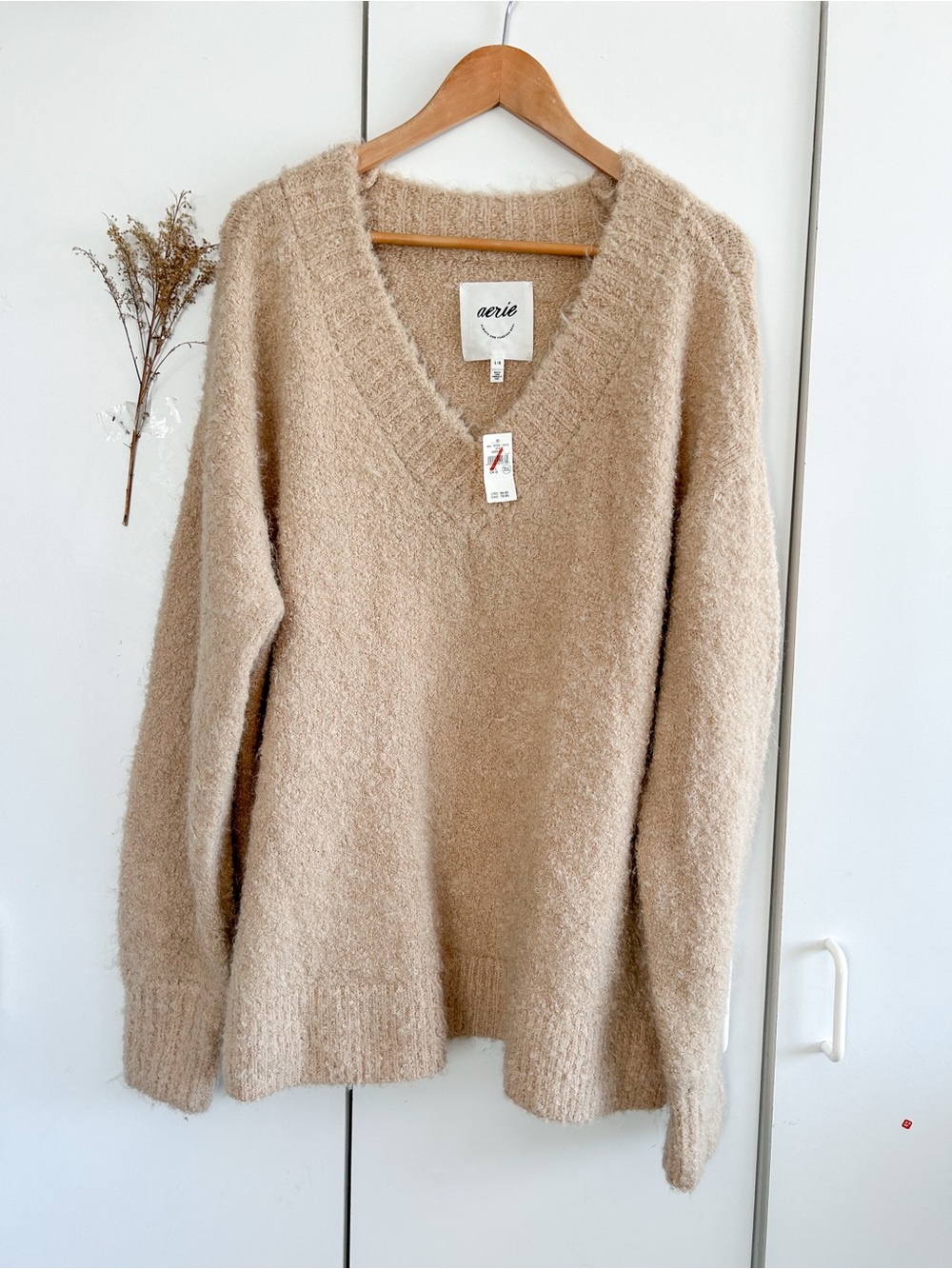 Aerie Cozy V-Neck Sweater in Beige • Sz L